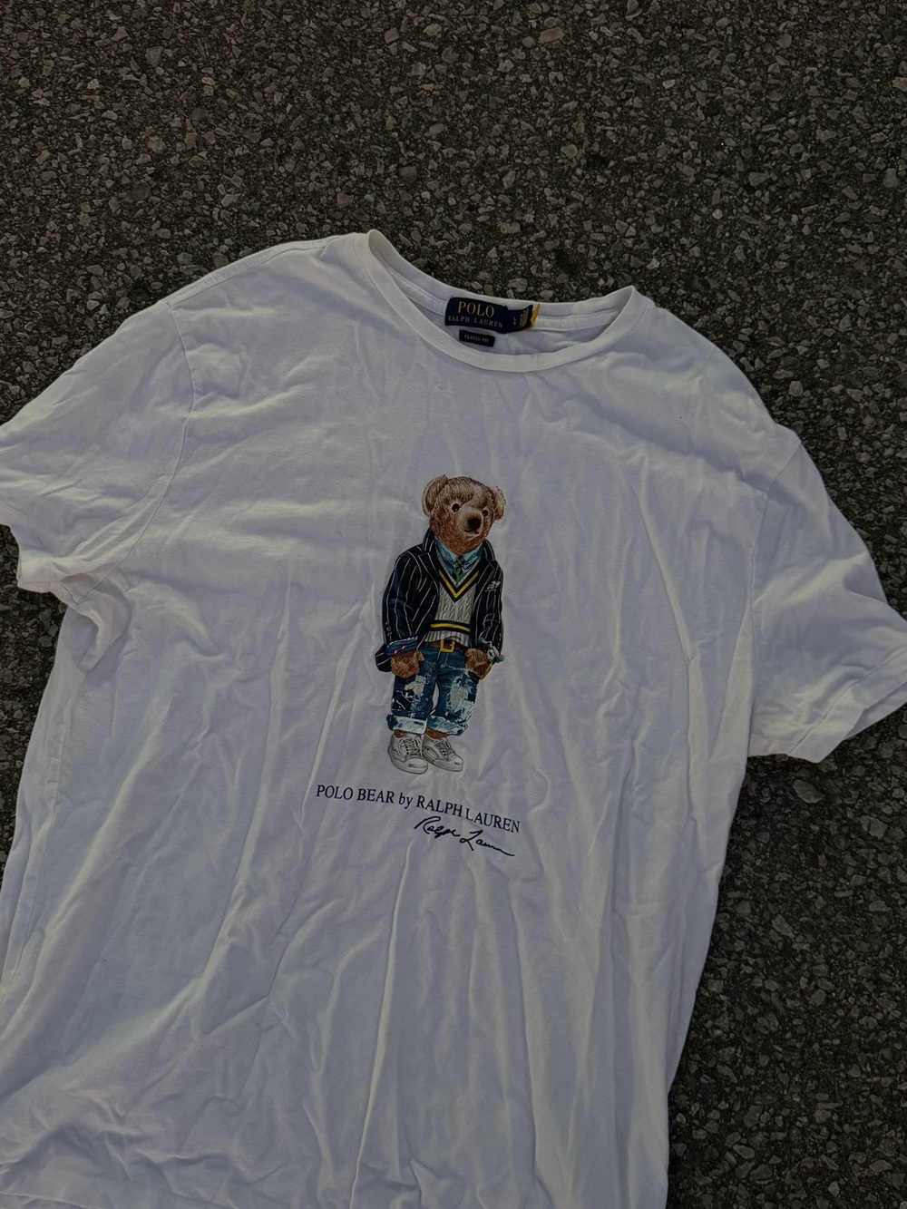 Polo by Ralph Lauren White Tee with Polo Bear Graphic in Navy & Denim Accents